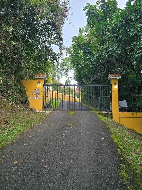 A paved driveway leads to a gated entrance with yellow pillars and lush surrounding trees — BO PULGUILLAS, CARR. 723, COAMO, PR