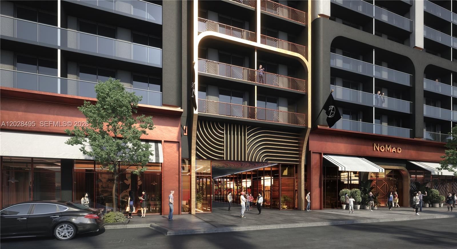 This architectural rendering shows the exterior entrance of a modern building with gold accents — 2700 NW 2 Ave # 711, Miami FL 33127, MIAMI, FL