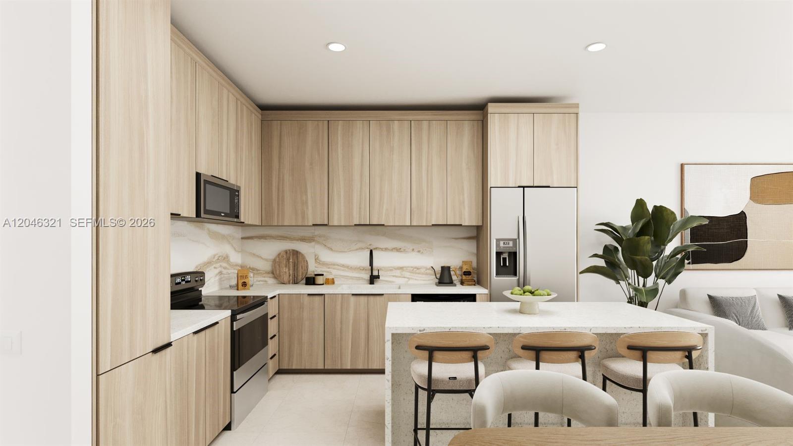 This is a rendering of a modern kitchen featuring light wood cabinetry and stone countertops — 142 NW 164 St, Miami FL 33169, MIAMI, FL