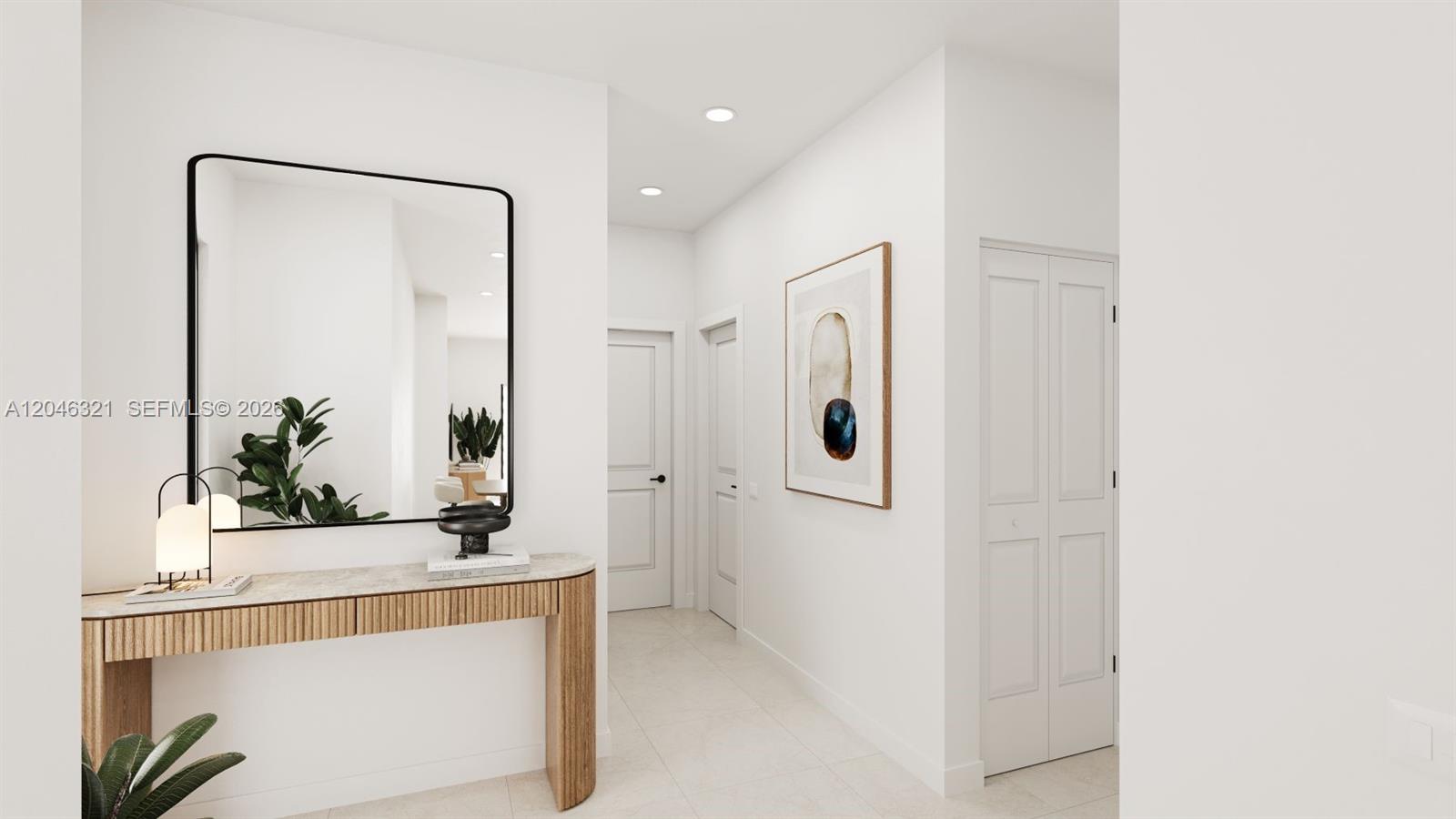 This is a rendering of a modern hallway featuring a console table and wall mirror — 142 NW 164 St, Miami FL 33169, MIAMI, FL