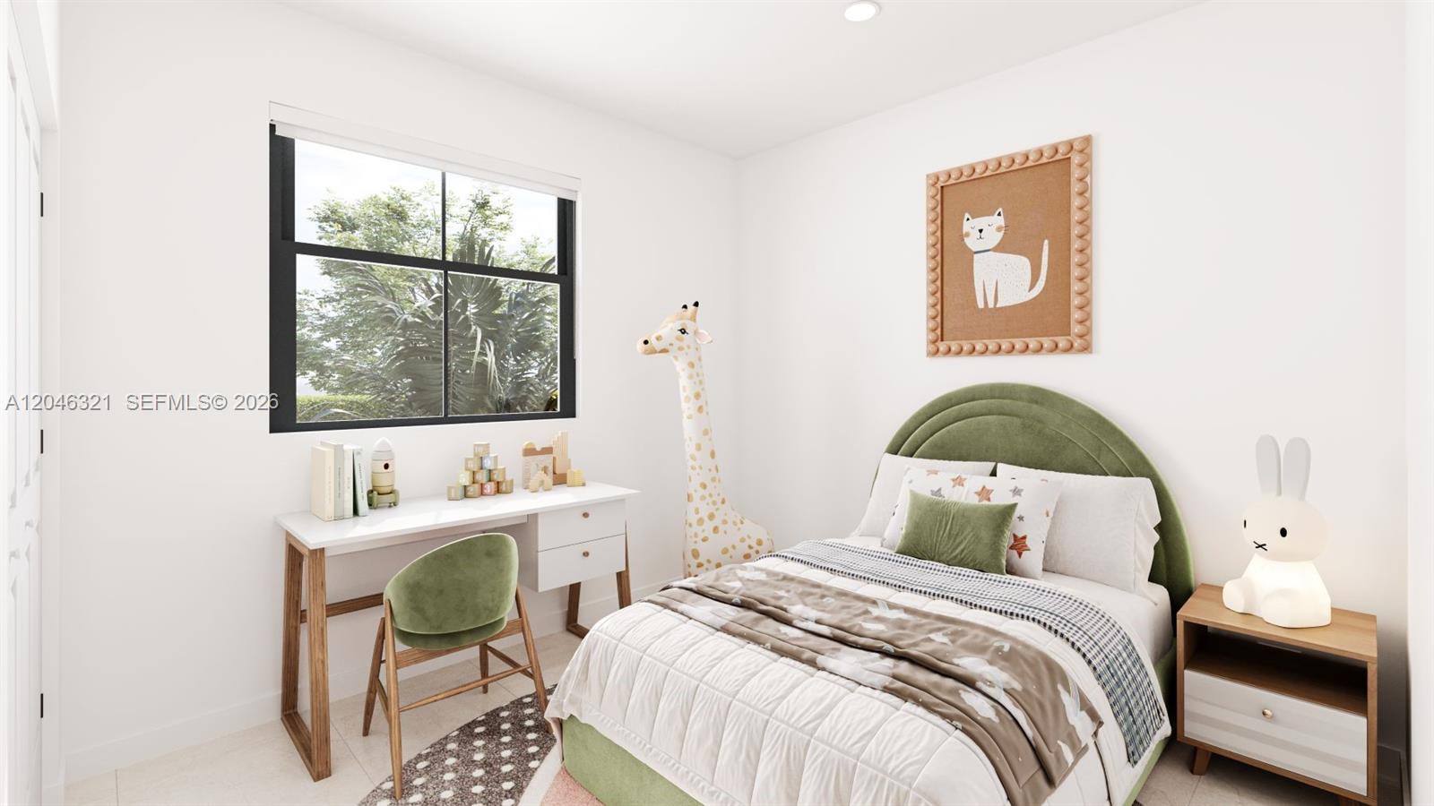 This rendering shows a child's bedroom featuring a green upholstered bed, desk, and giraffe decor — 142 NW 164 St, Miami FL 33169, MIAMI, FL