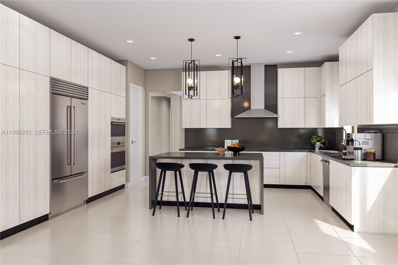This rendering shows a modern kitchen with light wood cabinets, a dark island, and stainless appliances — 19603 NE 14 AVE, Miami FL 33179, MIAMI, FL