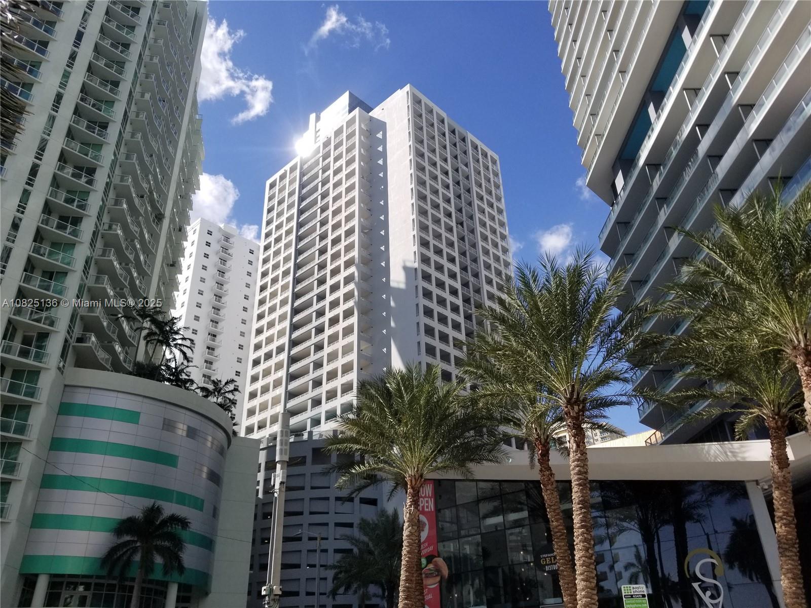 A low-angle view shows several tall, modern residential high-rise buildings surrounded by palm trees — 170 SE 14th St # 1407, Miami FL 33131, MIAMI, FL