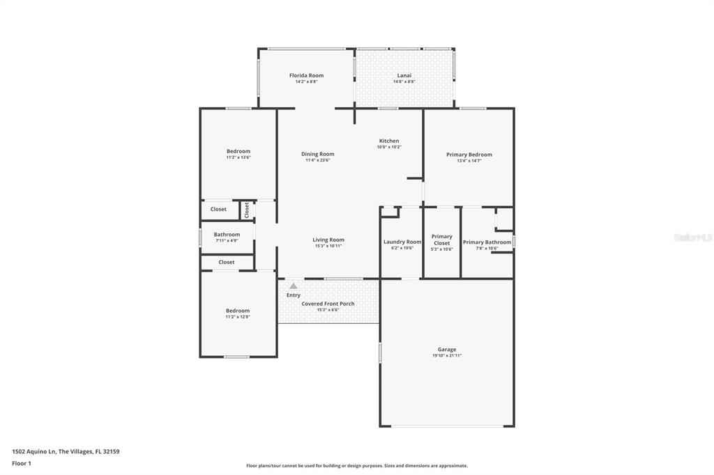 This is a floor plan showing the layout of a single-story residential home — 1502 AQUINO LANE, THE VILLAGES, FL