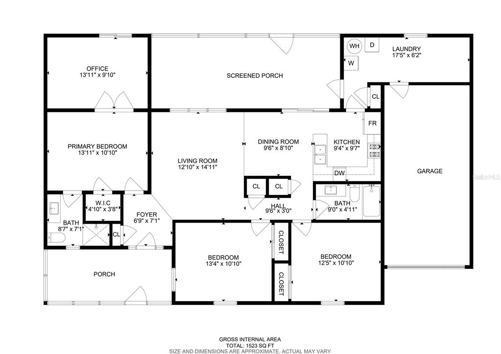 This is a floor plan for a single-story house with three bedrooms and a garage — 1005 HALLWOOD LOOP, BRANDON, FL