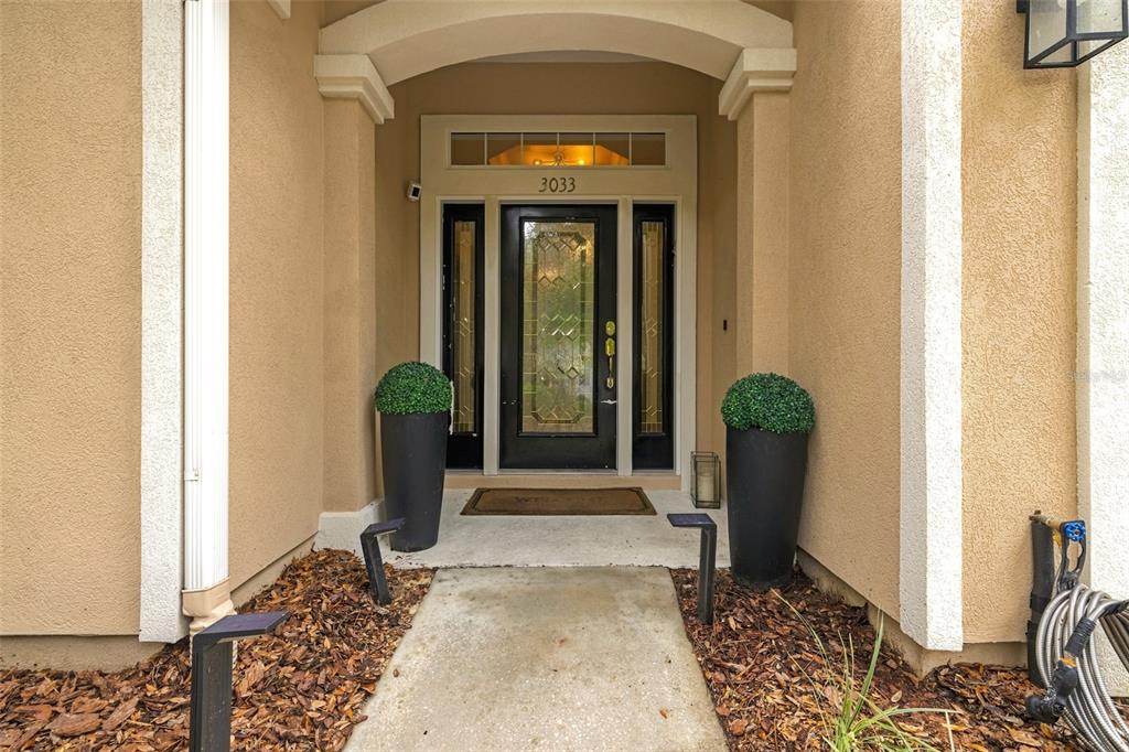 A front entryway features a black door with glass panels, two tall planters, and landscaping — 3033 SW 98TH DRIVE, GAINESVILLE, FL