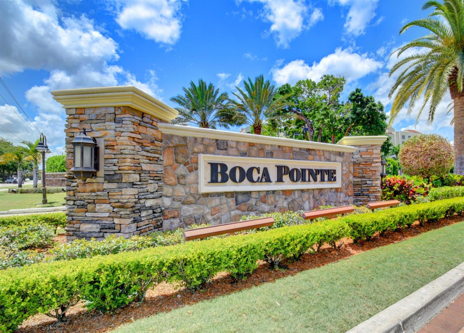 A stone monument sign for Boca Pointe stands in a landscaped area with palm trees — 6757 Via Regina # 3, Boca Raton FL 33433, BOCA RATON, FL