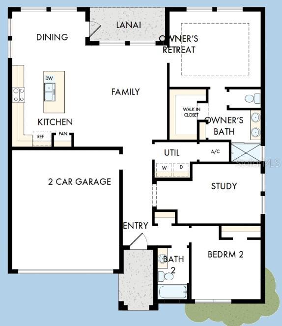 This floor plan shows a single-story home with a two-car garage, kitchen, and three bedrooms — 5262 COLONY VISTA DRIVE, APOLLO BEACH, FL