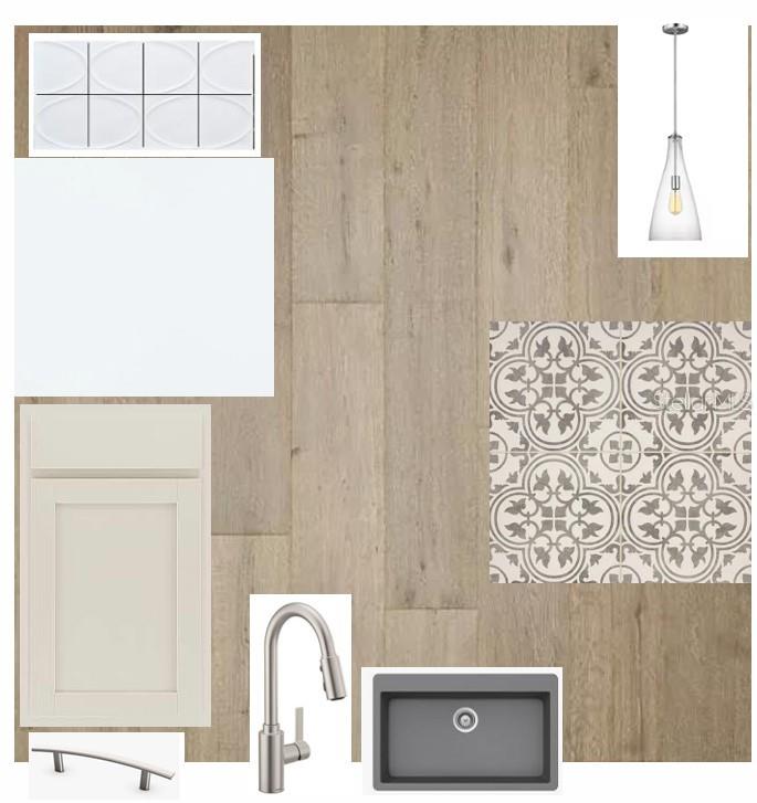 This interior design mood board displays samples of flooring, cabinetry, tile, hardware, and lighting fixtures — 5262 COLONY VISTA DRIVE, APOLLO BEACH, FL