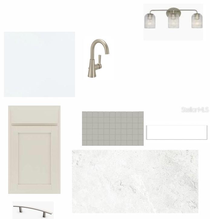 This design board displays samples of cabinetry, hardware, lighting, tile, and countertop finishes — 5262 COLONY VISTA DRIVE, APOLLO BEACH, FL