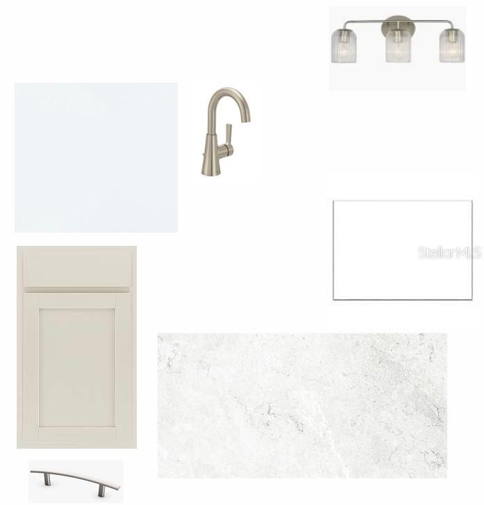This is a digital rendering of bathroom design finishes, including cabinetry, hardware, lighting, and countertops — 5262 COLONY VISTA DRIVE, APOLLO BEACH, FL