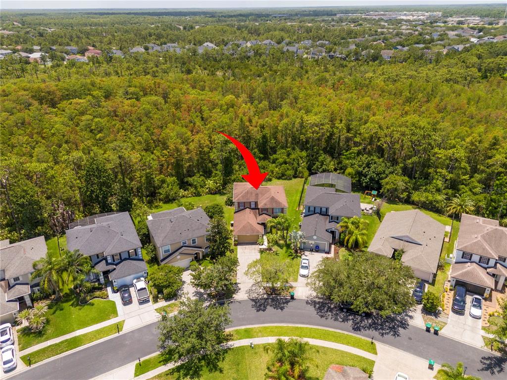 An aerial view shows a two-story house with a brown roof and a red arrow — 14938 HARTFORD RUN DRIVE, ORLANDO, FL