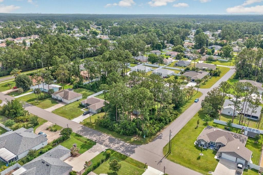 An aerial view shows a wooded residential lot surrounded by suburban houses and paved streets — 0 RYAN DR, PALM COAST, FL