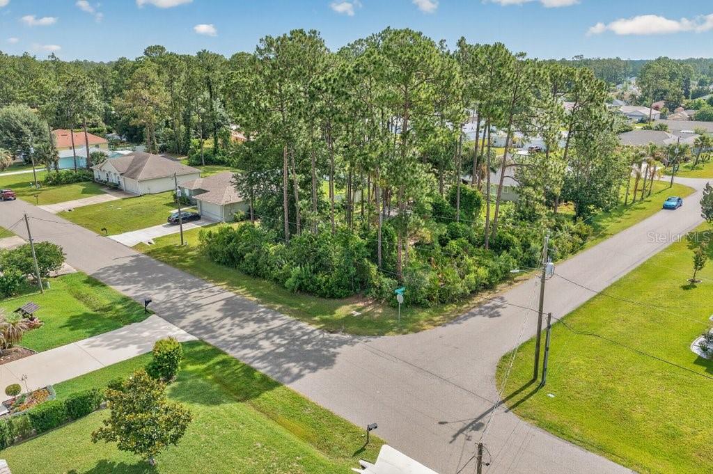An elevated view of a vacant, tree-covered corner lot situated between two residential streets — 0 RYAN DR, PALM COAST, FL