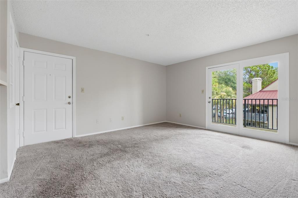 An empty room with gray carpet, light walls, a white door, and a glass balcony door — 249 AFTON SQUARE UNIT 208, ALTAMONTE SPRINGS, FL