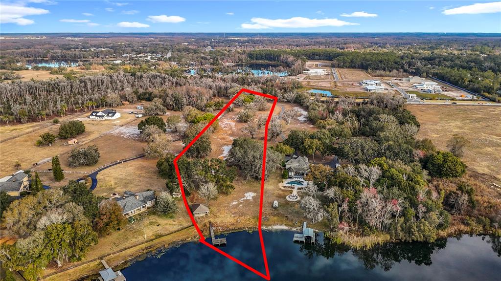 An aerial view shows a waterfront property outlined in red with trees and a house — 8804 MISTY MORNING TRAIL, ODESSA, FL