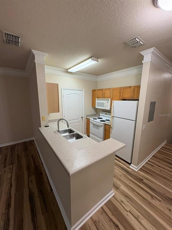 A kitchen with light-colored countertops, wood cabinets, white appliances, and wood-look flooring — 8801 VILLA VIEW CIRCLE UNIT 206, ORLANDO, FL