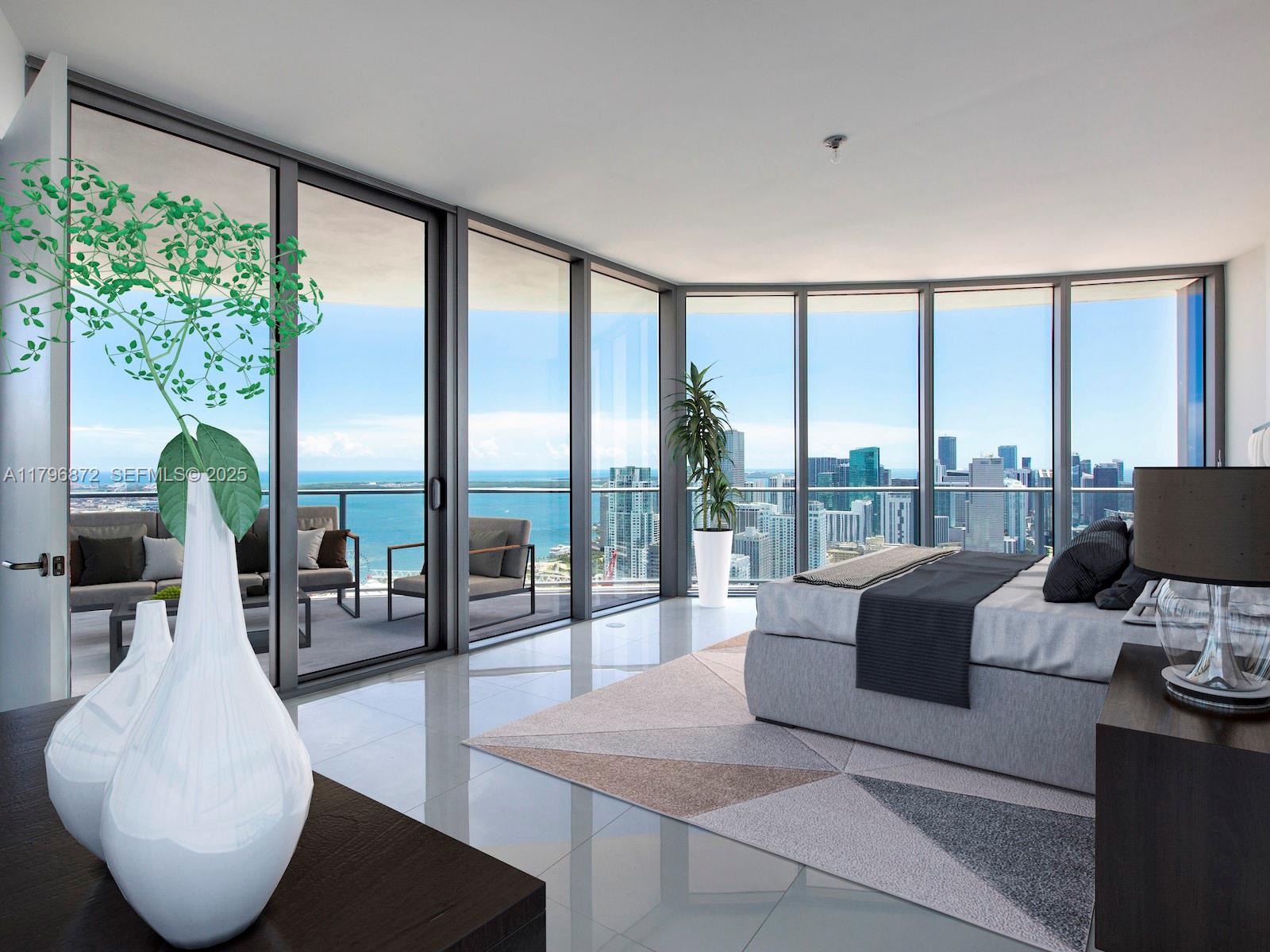 This bedroom features floor-to-ceiling windows, a balcony with ocean views, and a modern city skyline — 851 NE 1st Ave, Miami FL 33132, MIAMI, FL