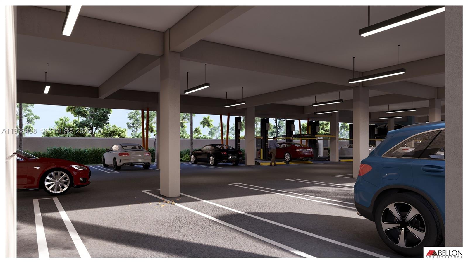 This architectural rendering shows a modern covered parking garage with multiple cars and overhead lighting — 2323 Polk St, Hollywood FL 33020, HOLLYWOOD, FL
