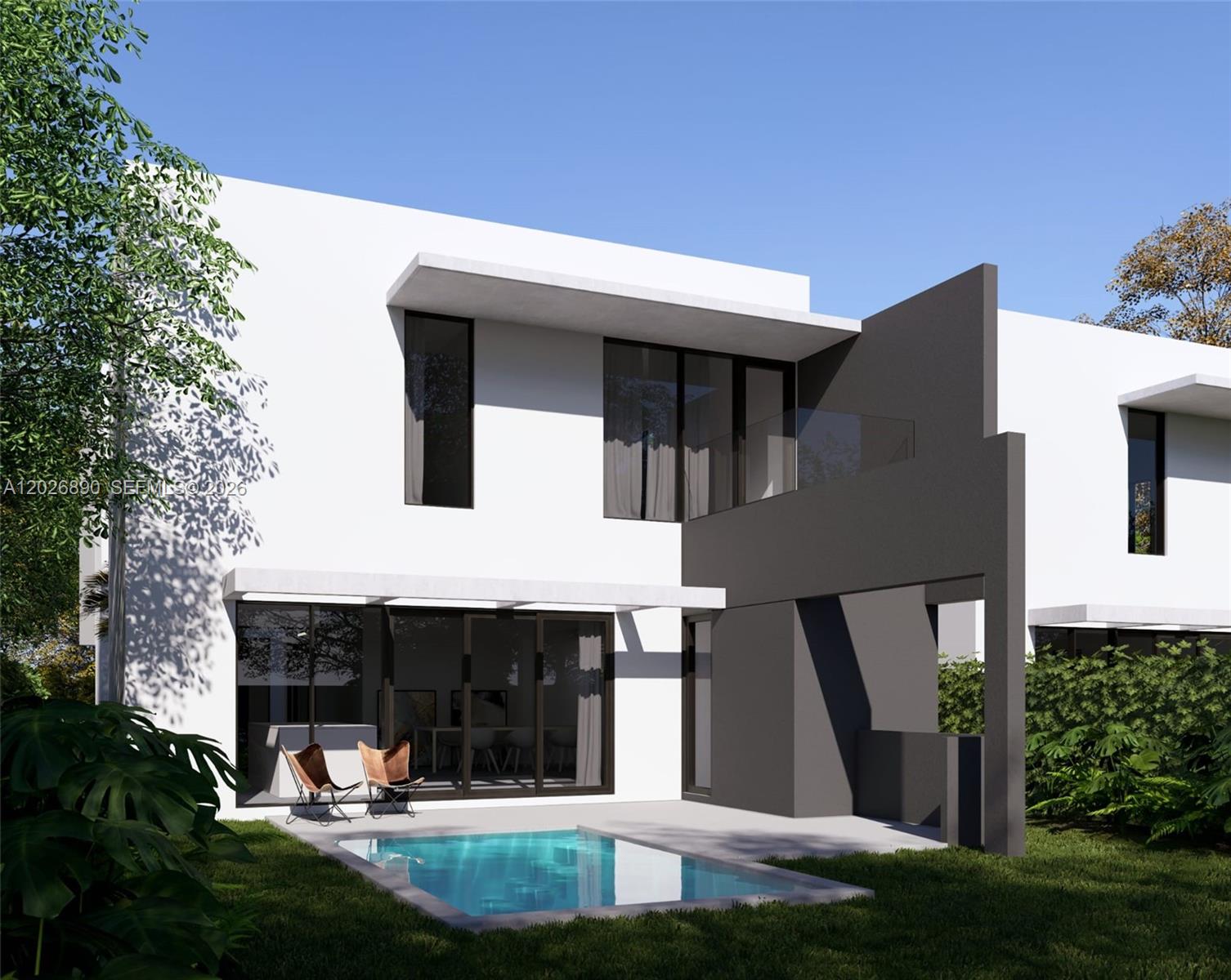 This architectural rendering shows a modern two-story house exterior with a pool and patio — 2311 SW 61st Ave, Miami FL 33155, MIAMI, FL
