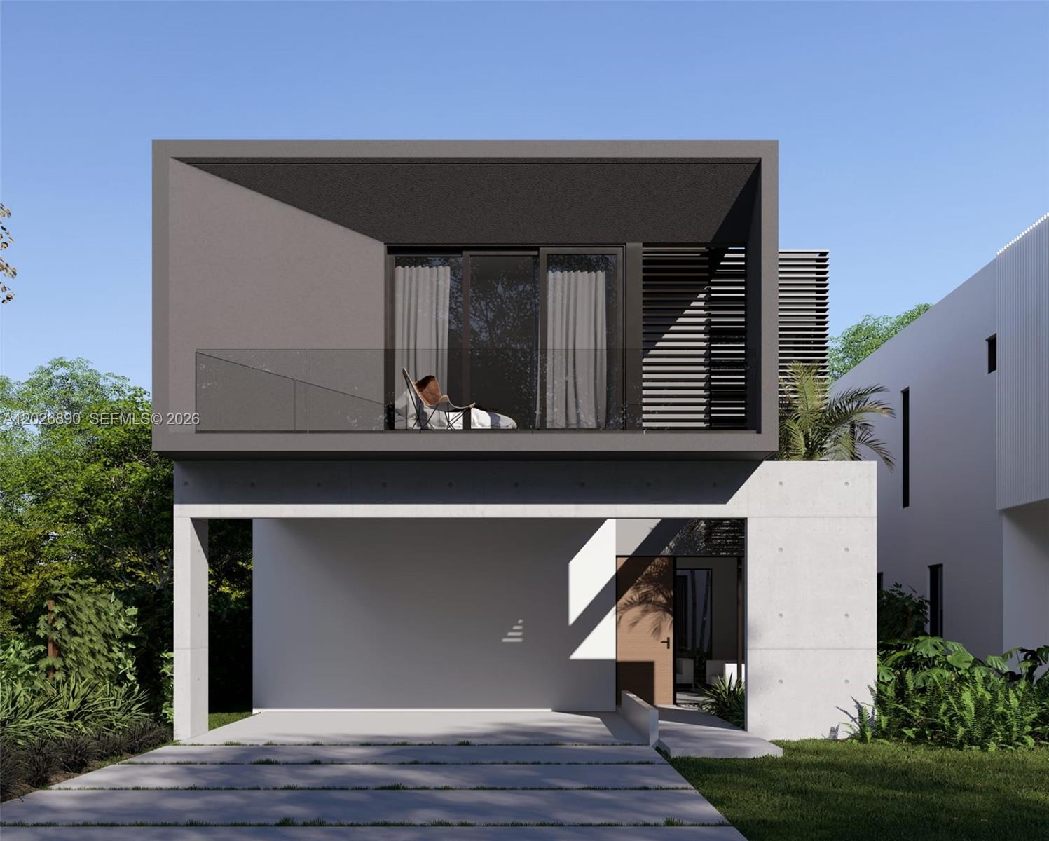 This is a rendering of a modern two-story house with a concrete base and balcony — 2311 SW 61st Ave, Miami FL 33155, MIAMI, FL