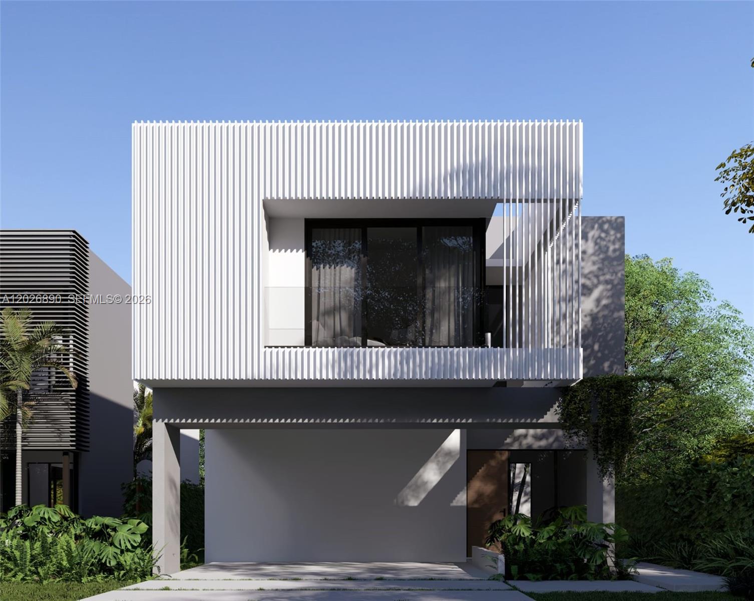 This is a rendering of a modern two-story house with a white slatted upper facade — 2311 SW 61st Ave, Miami FL 33155, MIAMI, FL