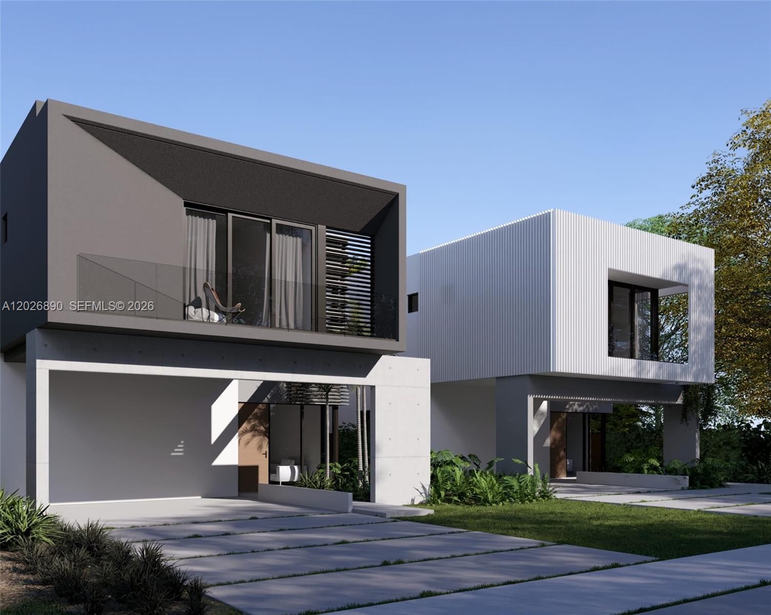 This is a rendering of two modern, two-story residential homes with concrete and metal exteriors — 2311 SW 61st Ave, Miami FL 33155, MIAMI, FL