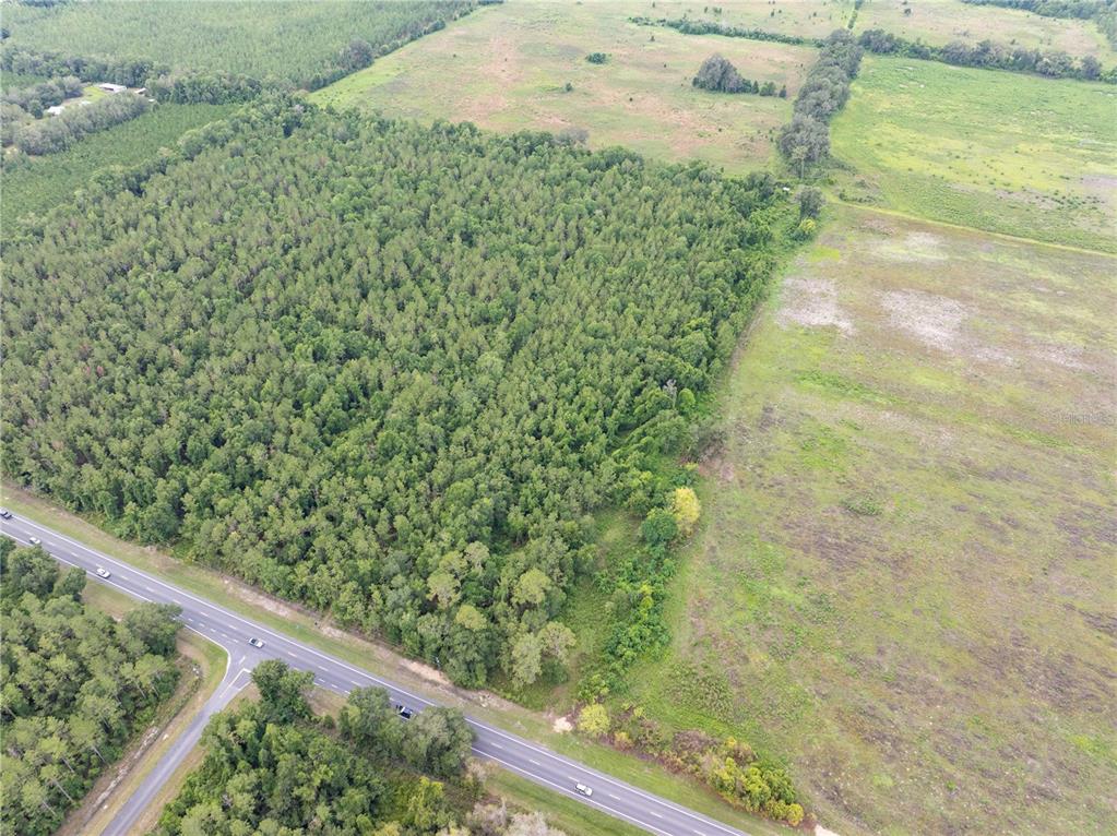 An aerial view shows a large wooded lot bordering a paved highway and open fields — 17198 SW STATE ROAD 47, FORT WHITE, FL