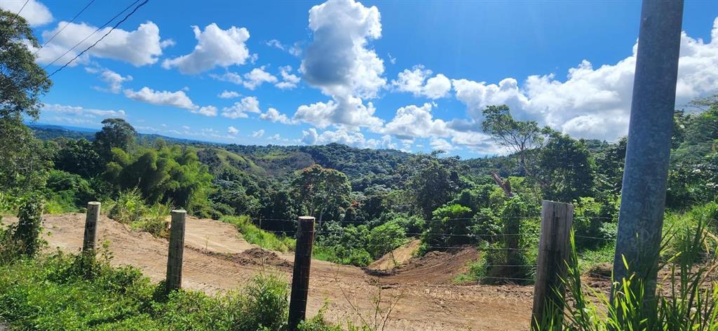 A dirt lot with a wire fence overlooks a lush, hilly landscape under a blue sky — ALTURAS DE VALENCIA - VALENCIANO ARRIBA WARD LOT 21, JUNCOS, PR