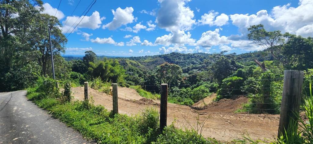 A dirt lot with a wire fence overlooks a lush, hilly landscape under a blue sky — ALTURAS DE VALENCIA - VALENCIANO ARRIBA WARD LOT 21, JUNCOS, PR