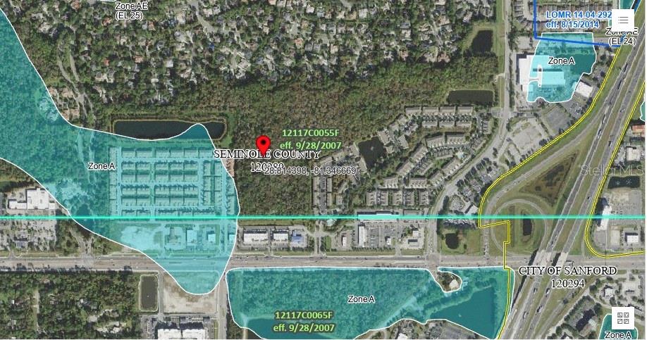 This is a flood zone map showing a property location in Seminole County, Florida — DUNWOODY, SANFORD, FL