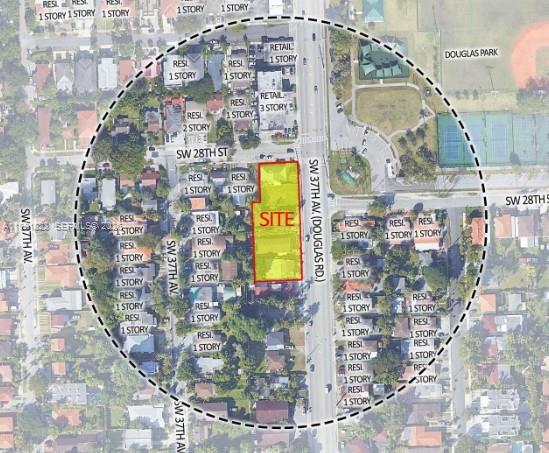 An aerial map shows a highlighted rectangular development site located along a major road — 2814 SW 37th Ave, Miami FL 33133, MIAMI, FL