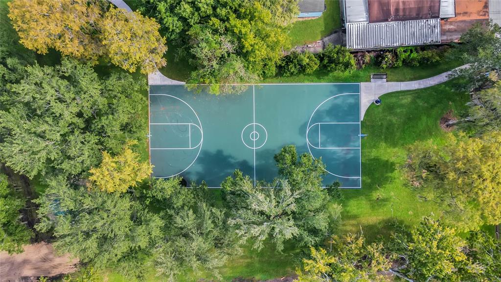 An aerial view shows a green basketball court surrounded by trees and a grassy lawn — 209 BAYSHORE DRIVE, ORLANDO, FL