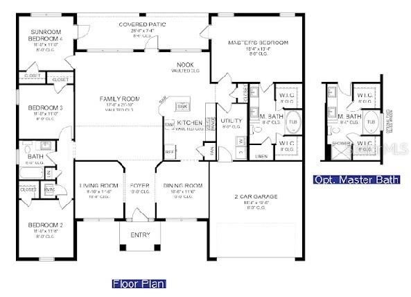 This floor plan shows a four-bedroom house with a central family room and two-car garage — 2846 AFAR AVE., NORTH PORT, FL