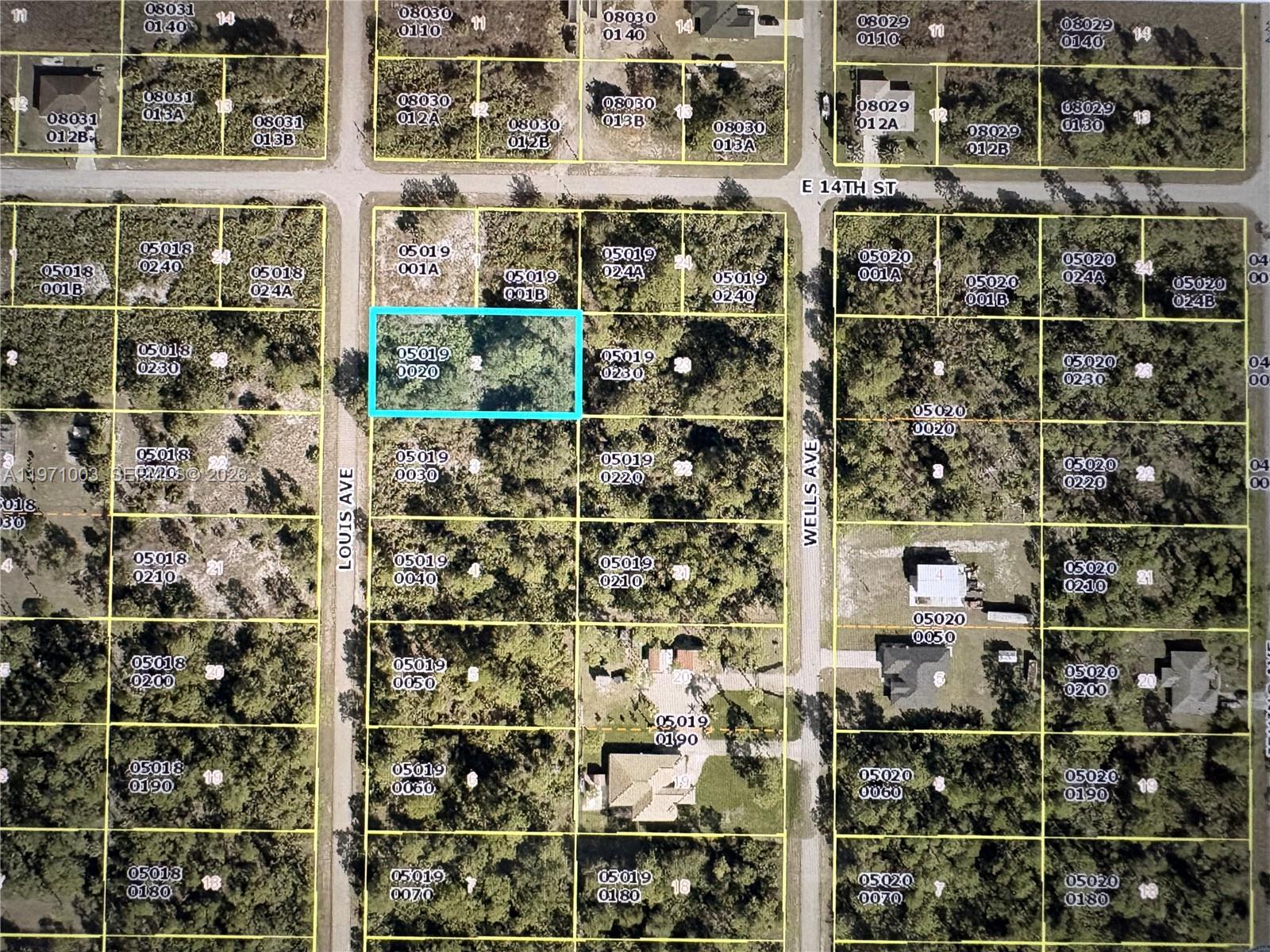 This is a map showing a grid of land parcels with identifying numbers — 1320 Louis Ave, Lehigh Acres FL 33972, LEHIGH ACRES, FL