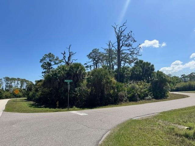 A paved road curves past a wooded lot with a street sign and yellow warning sign — 5102 HOPKINS AVENUE, PORT CHARLOTTE, FL