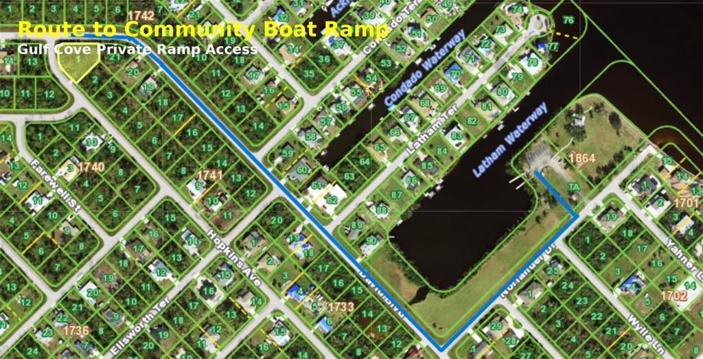This map shows a highlighted blue route leading to a community boat ramp — 5102 HOPKINS AVENUE, PORT CHARLOTTE, FL