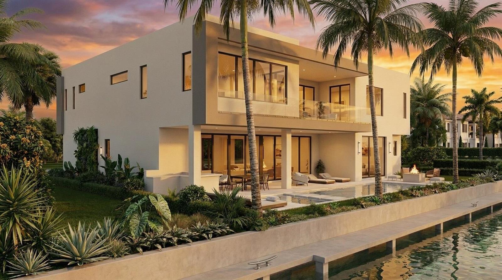 This is a rendering of a modern two-story house with a pool and waterfront dock — 944 Cypress Drive, Delray Beach FL 33483, DELRAY BEACH, FL
