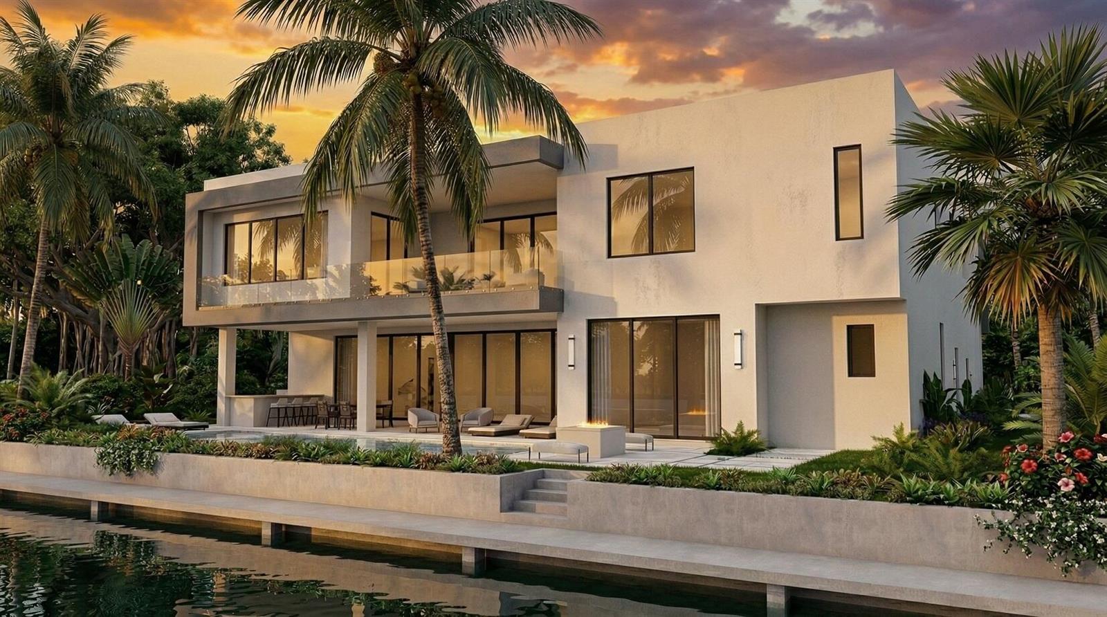A rendering of a modern two-story waterfront home with a pool, patio, and palm trees — 944 Cypress Drive, Delray Beach FL 33483, DELRAY BEACH, FL