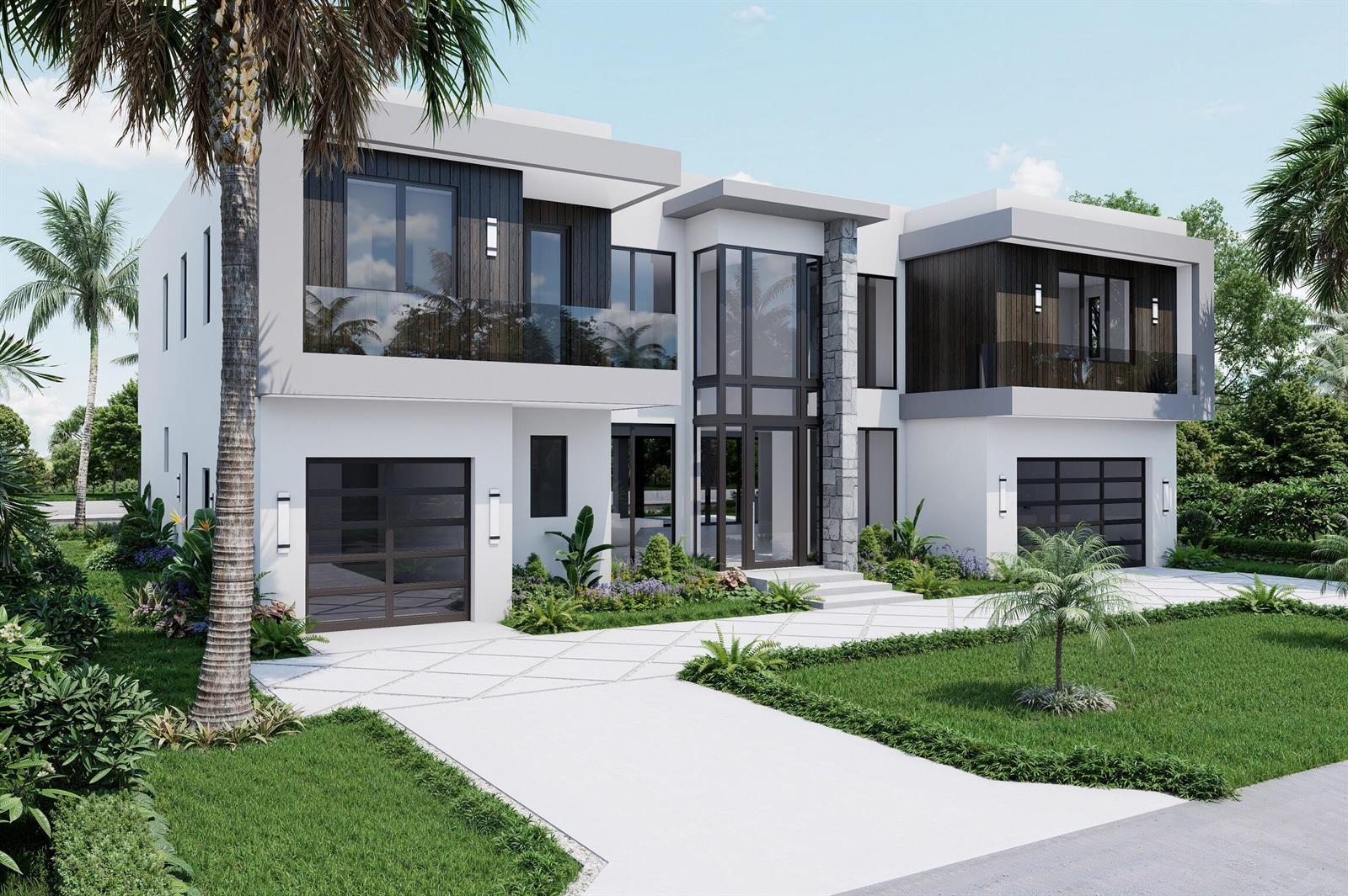 A digital rendering of a modern two-story house with a glass entryway and two garages — 944 Cypress Drive, Delray Beach FL 33483, DELRAY BEACH, FL