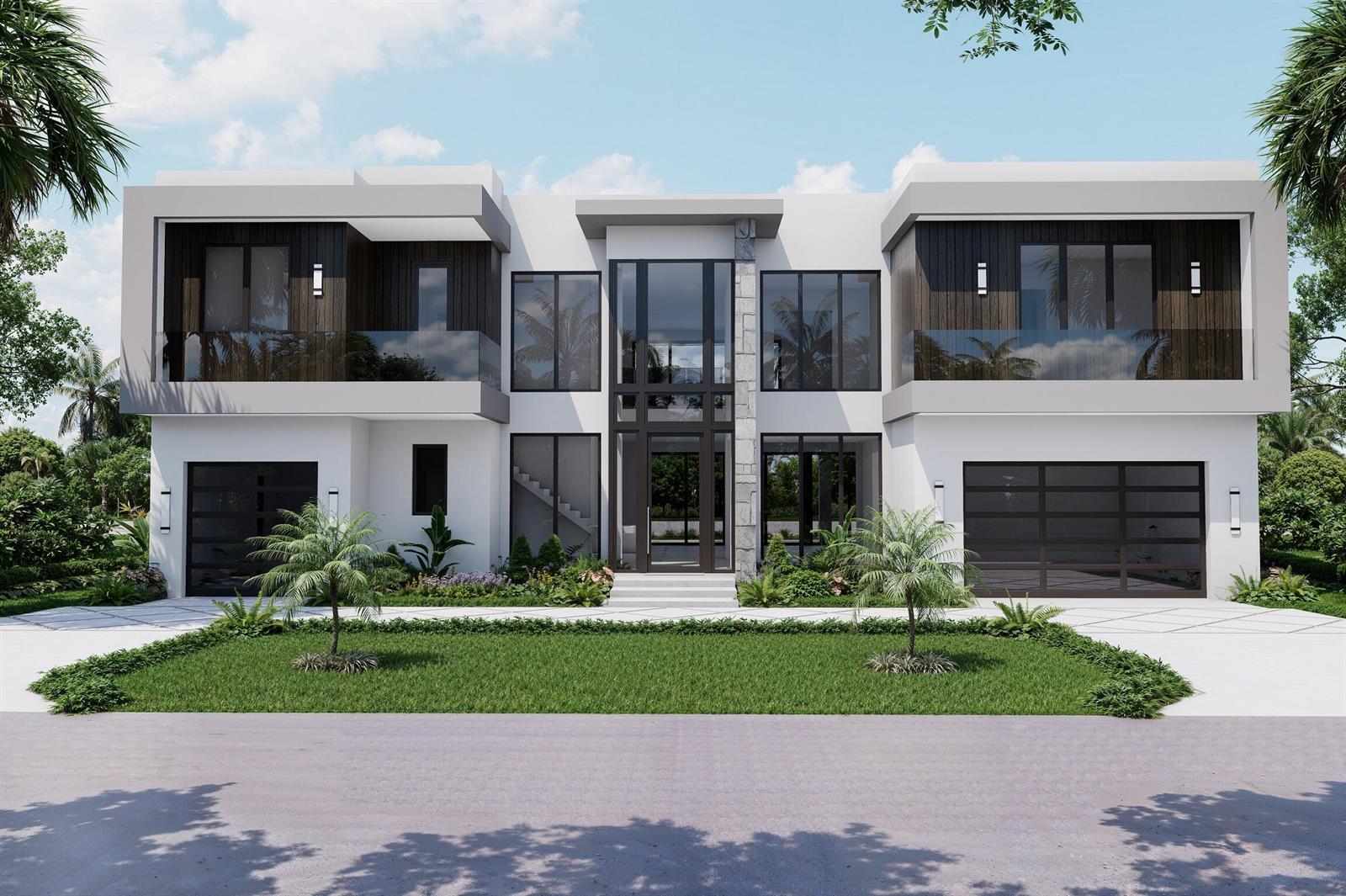 A rendering of a modern two-story house with dark wood accents, glass balconies, and two garages — 944 Cypress Drive, Delray Beach FL 33483, DELRAY BEACH, FL
