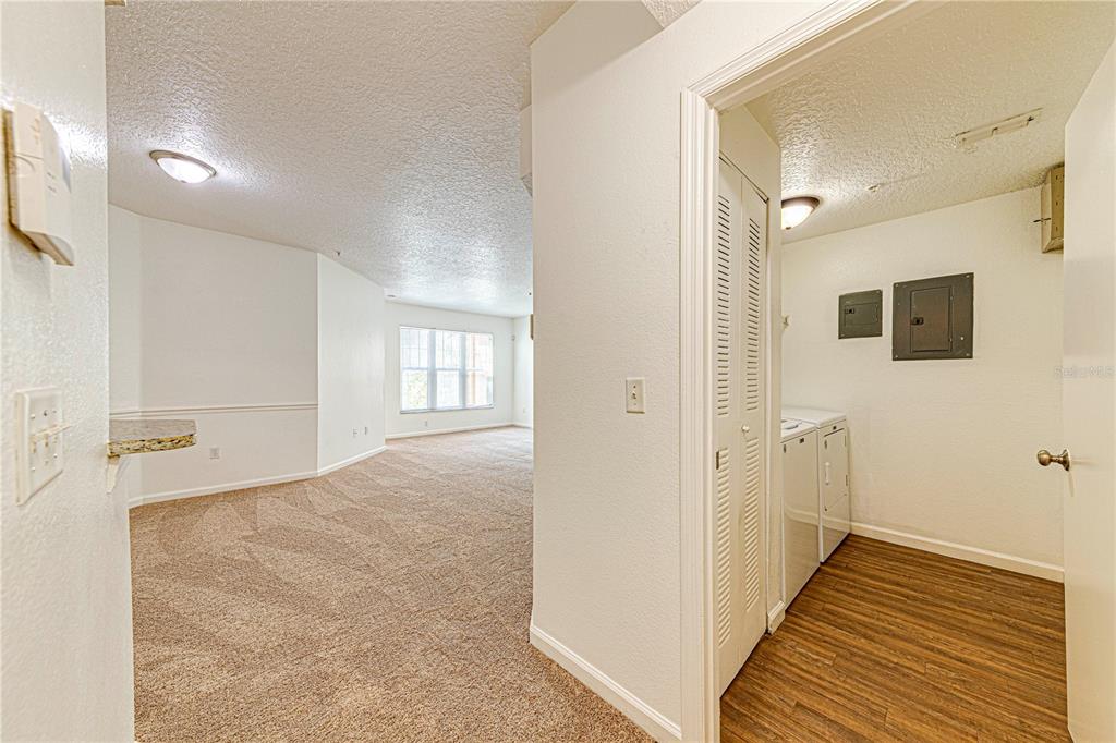 A view from a doorway looking into a carpeted living area and a laundry room — 5500 METROWEST BOULEVARD UNIT 14-203, ORLANDO, FL