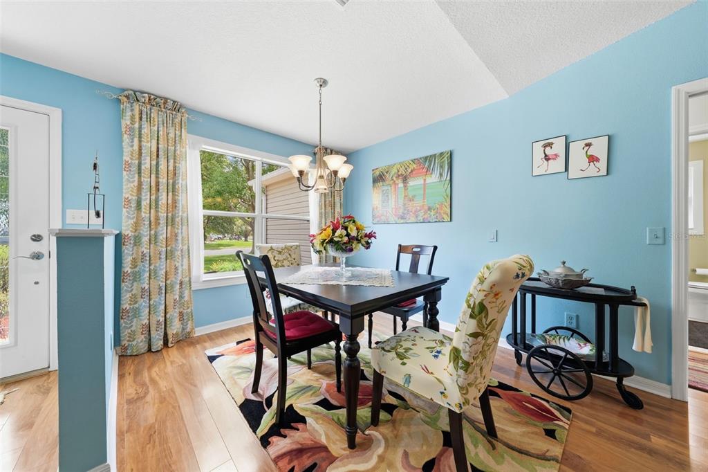 A dining room features light blue walls, a dark wood table, and a floral area rug — 1602 MALACARA LANE, THE VILLAGES, FL