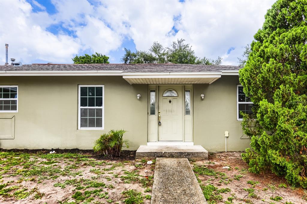 A single-story house with a light green exterior, a concrete walkway, and a large evergreen tree — 1252 GARRET AVENUE, SPRING HILL, FL