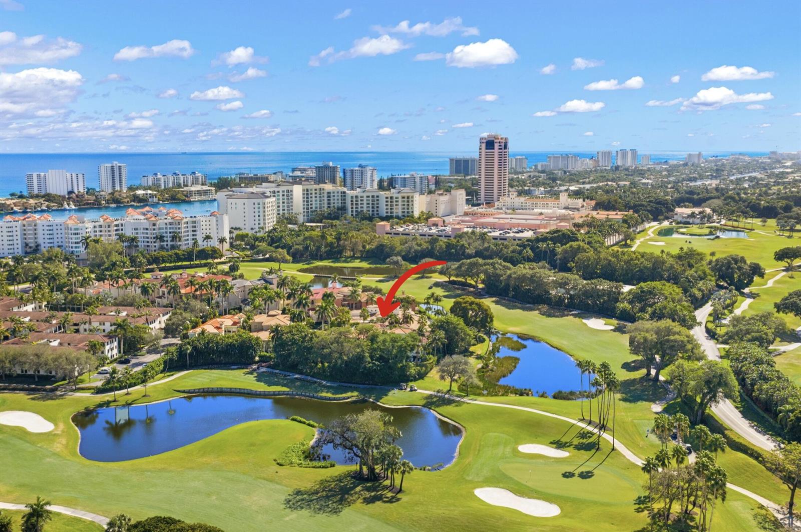 An aerial view shows a residential property surrounded by a golf course and water features — 422 Addison Park Lane, Boca Raton FL 33432, BOCA RATON, FL