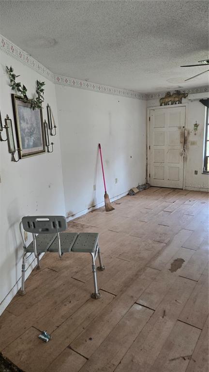 An empty room features wood-look flooring, white walls with wallpaper trim, and a white door — 220 MOUNT PLEASANT ROAD, NOKOMIS, FL