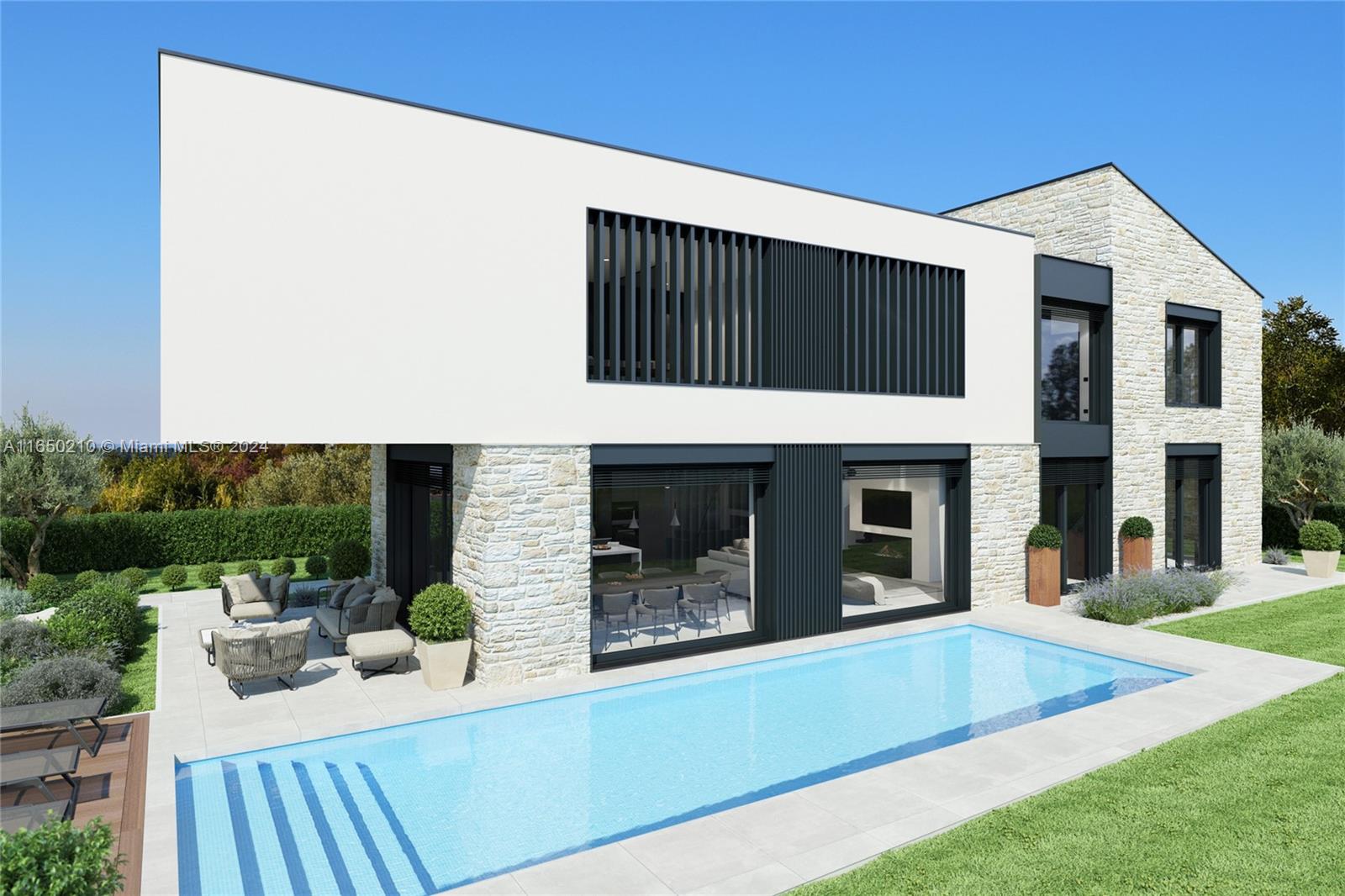 This architectural rendering shows a modern two-story house with stone accents and a swimming pool — 13 Rosini, IA 52446, IA