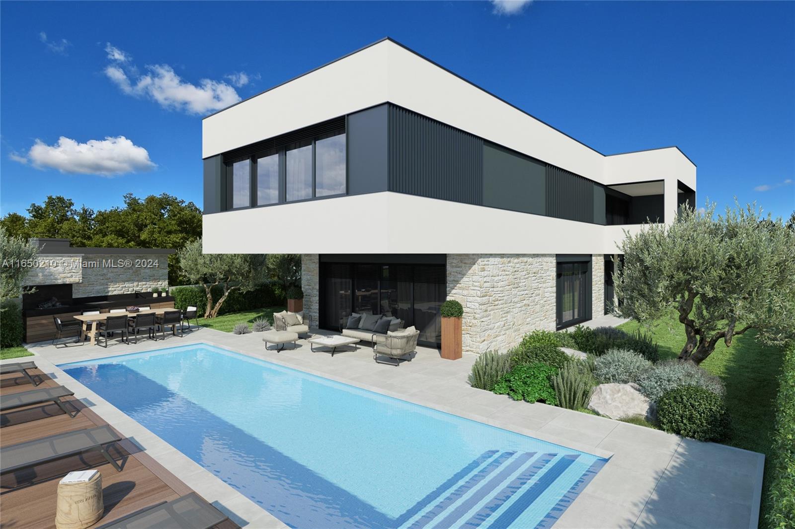 A rendering of a modern two-story house with a stone base, pool, and patio — 13 Rosini, IA 52446, IA