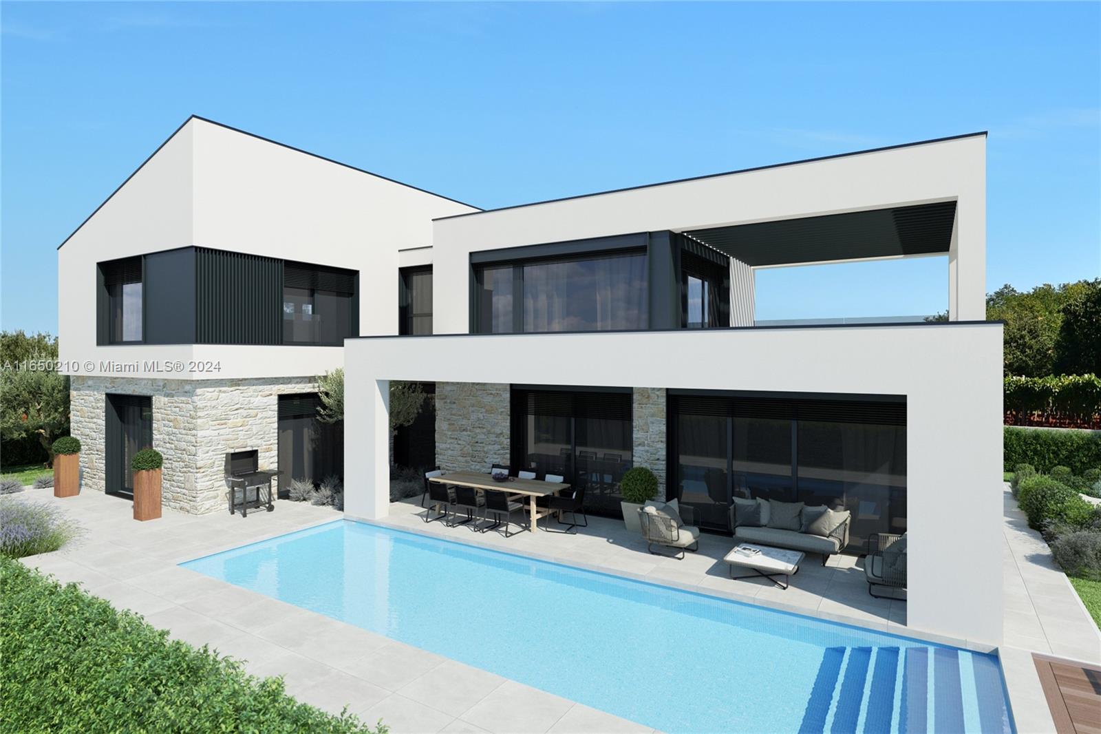 This is a rendering of a modern two-story house with a pool and patio — 13 Rosini, IA 52446, IA