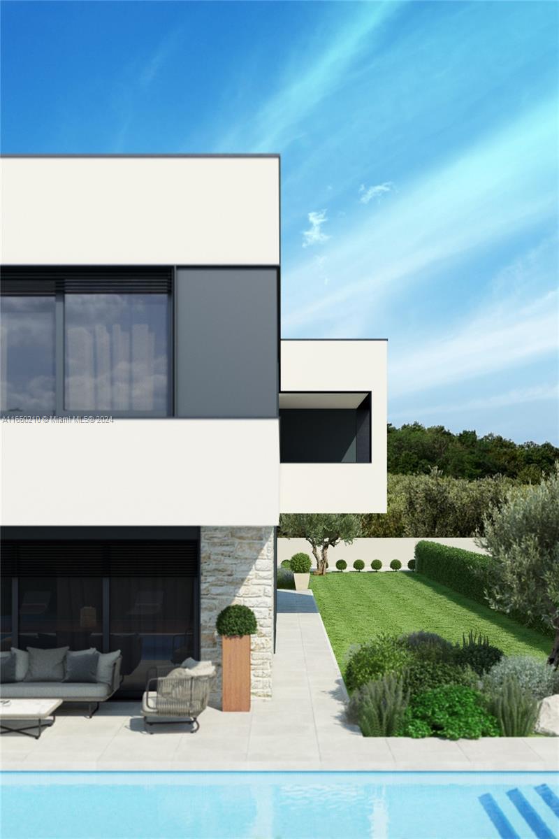 This is a rendering of a modern two-story house exterior with a pool and patio — 13 Rosini, IA 52446, IA